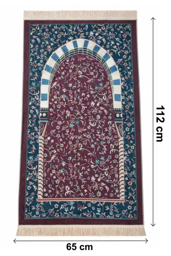 Taşınabilir Çantalı Ravza Desenli Kadife Seccade - Bordo - 6
