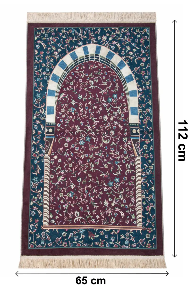 Taşınabilir Çantalı Ravza Desenli Kadife Seccade - Bordo - 6