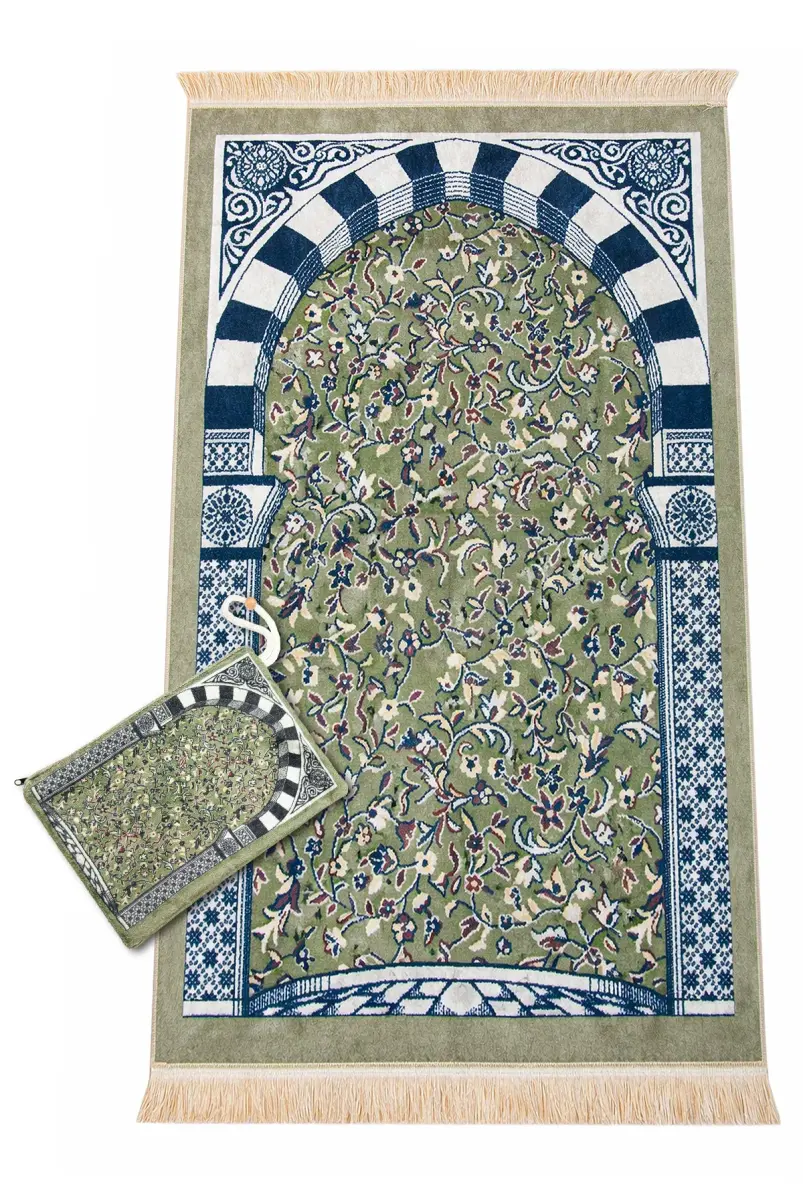 Taşınabilir Çantalı Ravza Desenli Kadife Seccade - Yeşil - 2