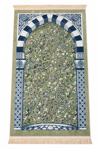 Taşınabilir Çantalı Ravza Desenli Kadife Seccade - Yeşil - 5