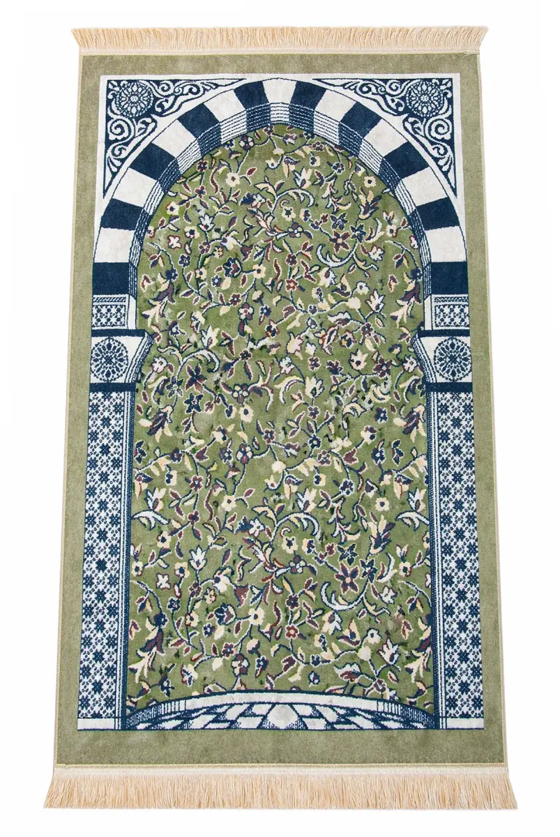Taşınabilir Çantalı Ravza Desenli Kadife Seccade - Yeşil - 5