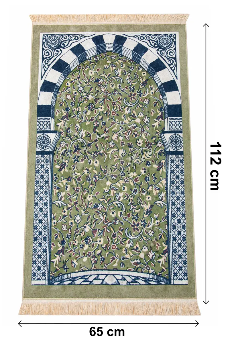 Taşınabilir Çantalı Ravza Desenli Kadife Seccade - Yeşil - 7