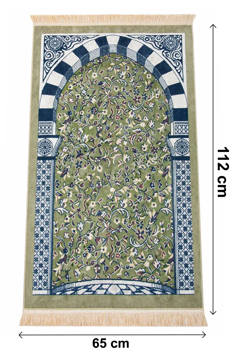 Taşınabilir Çantalı Ravza Desenli Kadife Seccade - Yeşil - 7