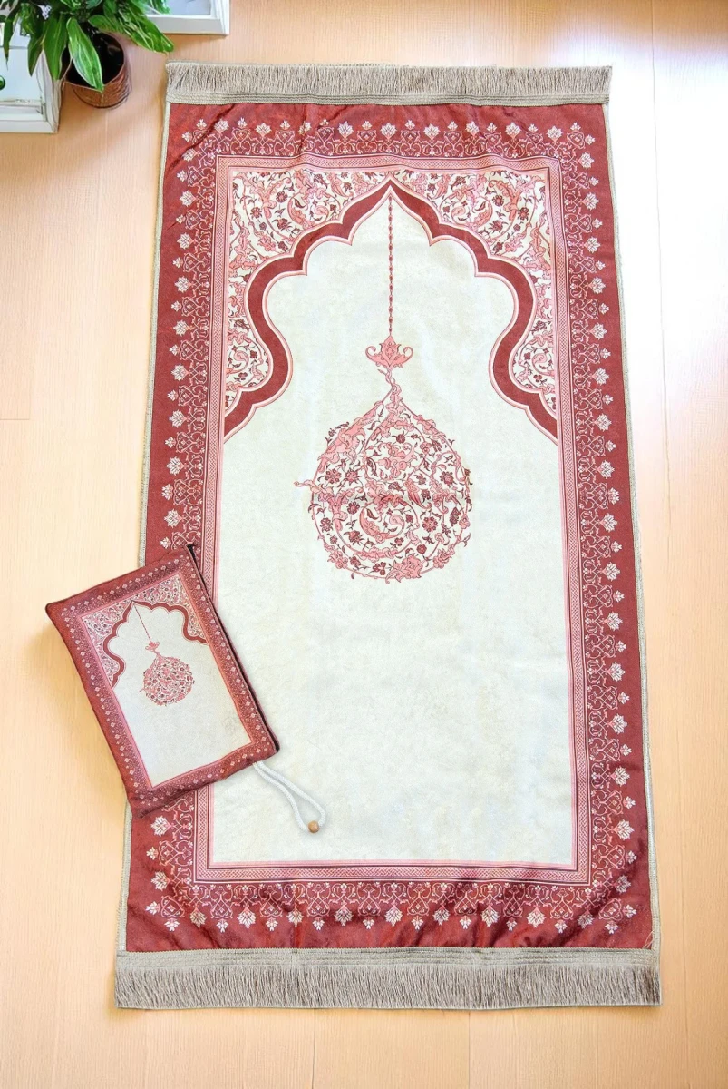 Taşınabilir Keseli Mihrap Desenli İpek Dokulu Kadife Seccade Kırmızı - 1