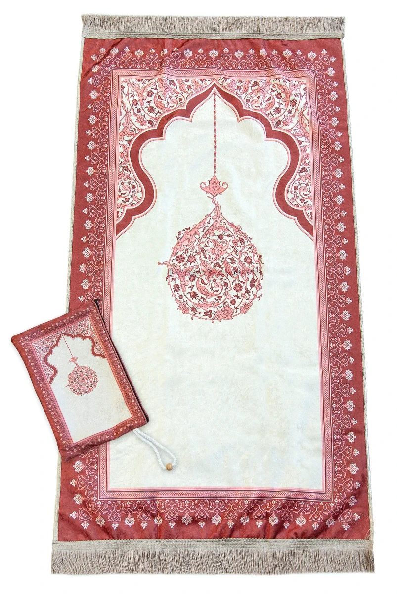 Taşınabilir Keseli Mihrap Desenli İpek Dokulu Kadife Seccade Kırmızı - 3