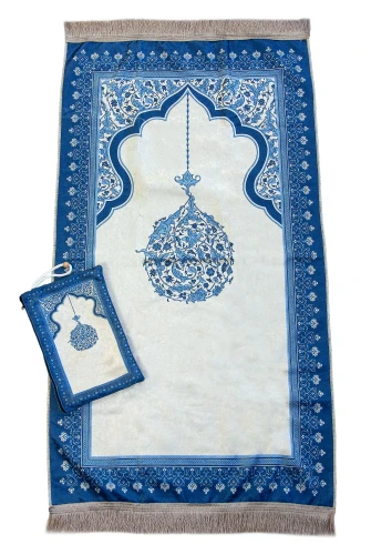 Taşınabilir Keseli Mihrap Desenli İpek Dokulu Kadife Seccade Mavi - 6