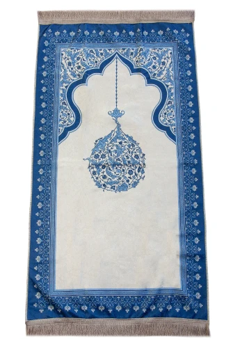 Taşınabilir Keseli Mihrap Desenli İpek Dokulu Kadife Seccade Mavi - 3