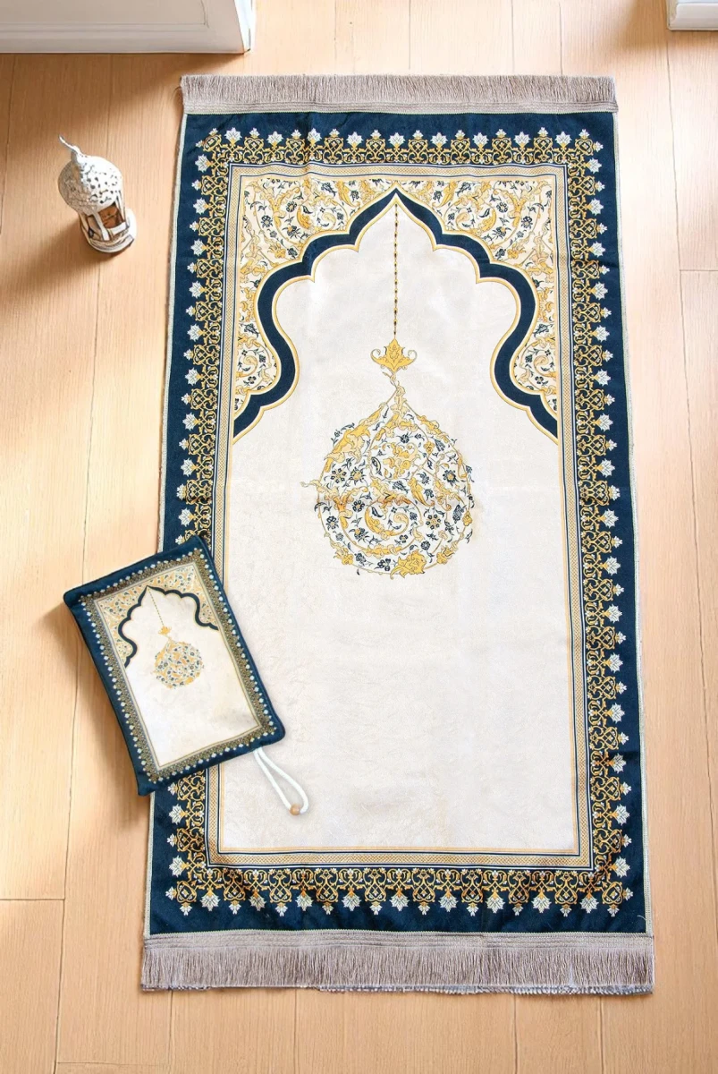 Taşınabilir Keseli Mihrap Desenli İpek Dokulu Kadife Seccade Sarı - 1