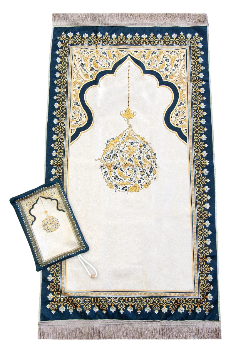 Taşınabilir Keseli Mihrap Desenli İpek Dokulu Kadife Seccade Sarı - 3