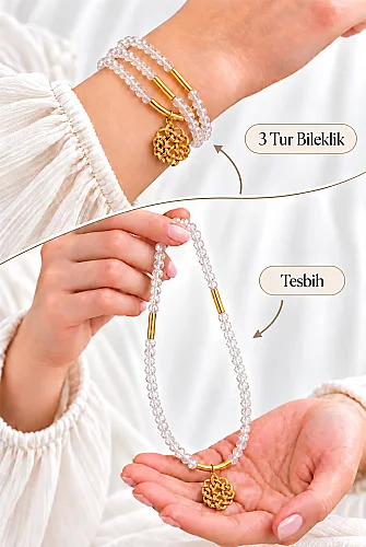 Taşlı Tesbih Bileklik  99 lu 6 mm 3 Tur Saran Hem Bileklik Hem Tesbih Şeffaf - 1