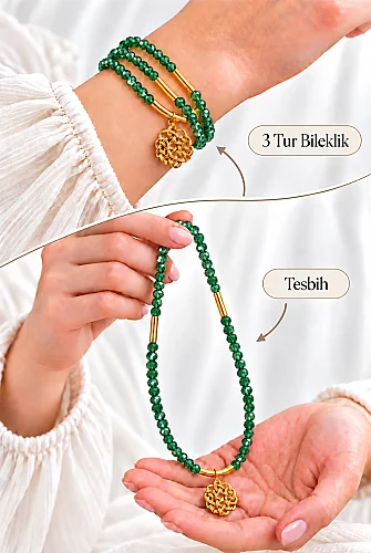 Taşlı Tesbih Bileklik  99 lu 6 mm 3 Tur Saran Hem Bileklik Hem Tesbih Yeşil 