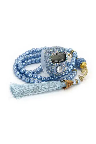 Taşlı Zikirmatik - İnci Tesbihli Hediyelik Set - Mavi Renk - ihvanonline (1)