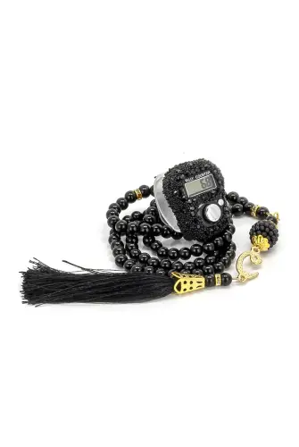 Taşlı Zikirmatik - İnci Tesbihli Hediyelik Set - Siyah Renk - ihvanonline (1)