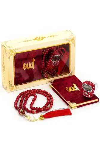 Taşlı Zikirmatik - Mini Kadife Yasin - İnci Tesbihli Hediyelik Set - Bordo Renk - 2