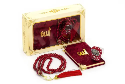 Taşlı Zikirmatik - Mini Kadife Yasin - İnci Tesbihli Hediyelik Set - Bordo Renk - 1