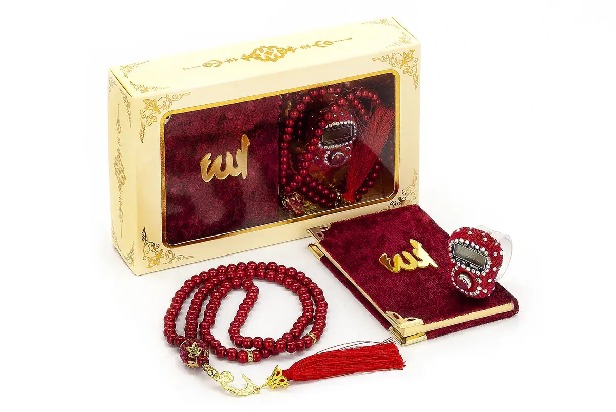 Taşlı Zikirmatik - Mini Kadife Yasin - İnci Tesbihli Hediyelik Set - Bordo Renk - 1