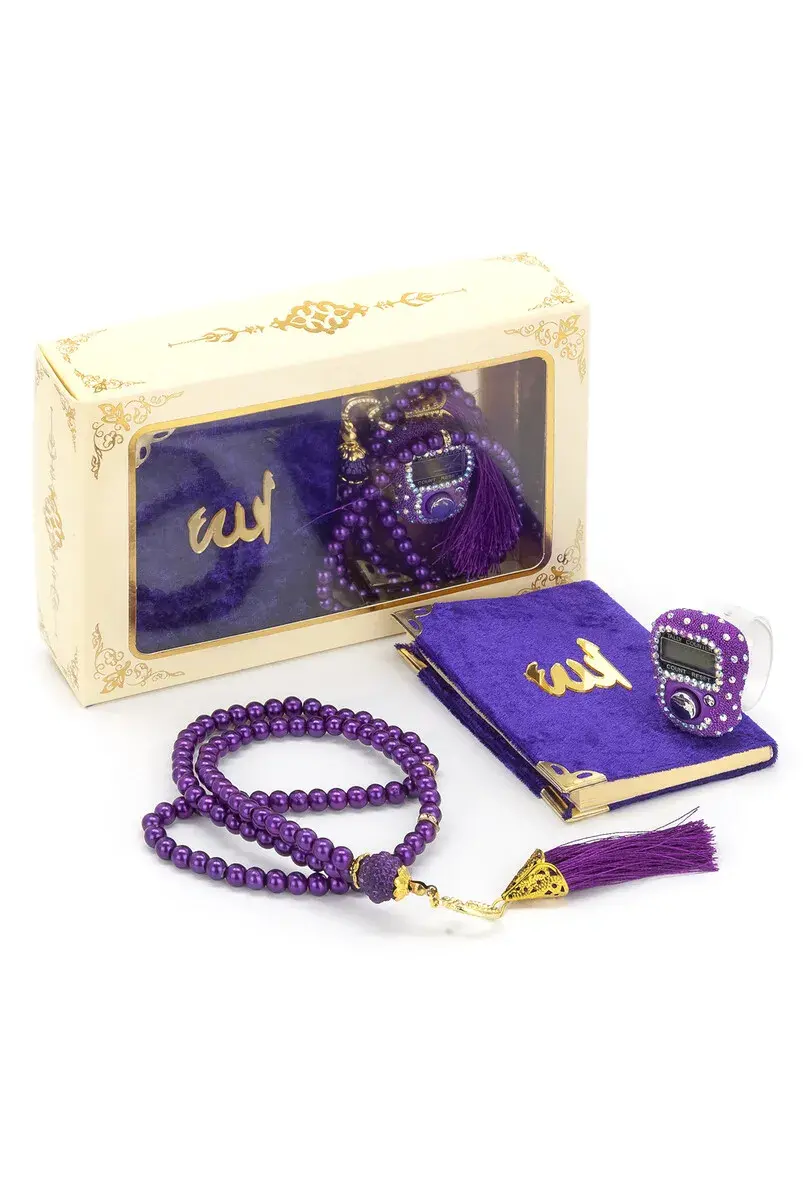 Taşlı Zikirmatik - Mini Kadife Yasin - İnci Tesbihli Hediyelik Set - Mor Renk - 1