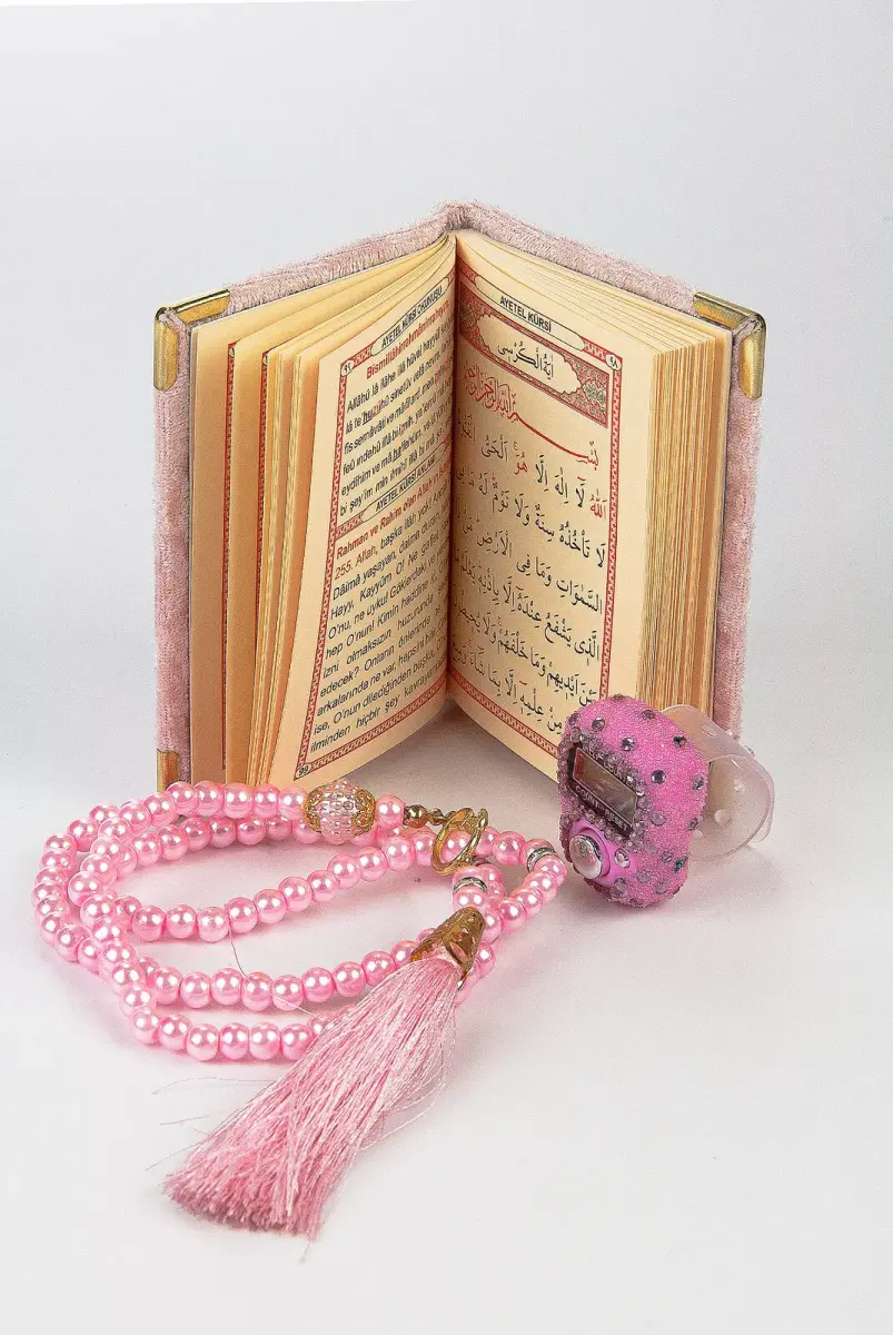 Taşlı Zikirmatik - Mini Kadife Yasin - İnci Tesbihli Hediyelik Set - Pembe Renk - 2