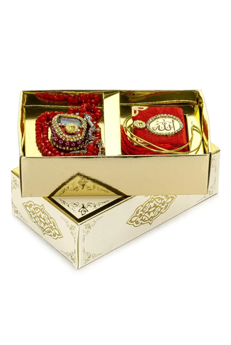 Taşlı Zikirmatik - Mini Kuran - Kristal Taş Tesbihli Hediyelik Set - Kırmızı Renk - 2