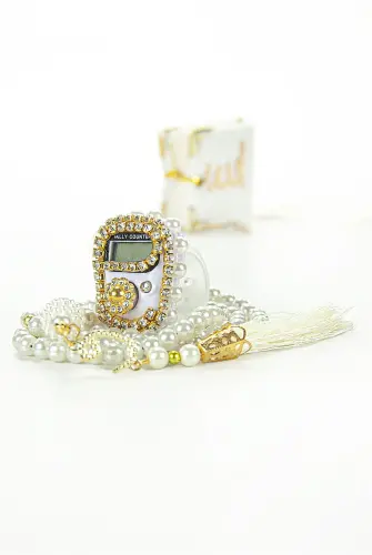 Taşlı Zikirmatik ve İnci Tesbihli Mini Kadife Kuranı Kerim Seti Mevlüt Hediyesi - Beyaz - 5