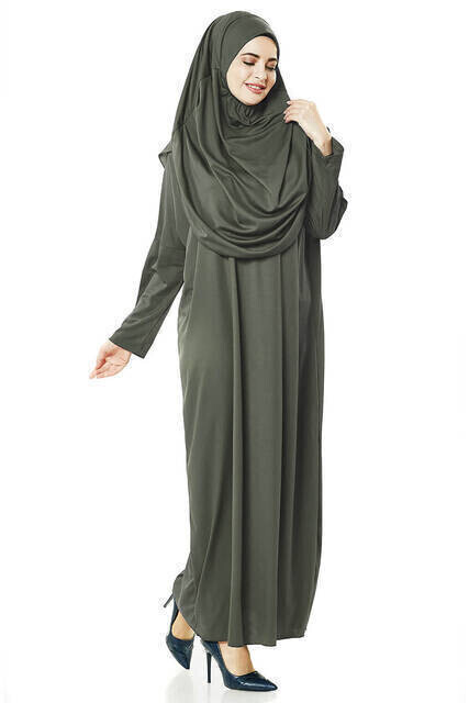 Tek Parça Namaz Elbisesi - Haki - 5015 & Seccade & Zikirmatik - Üçlü Takım - Thumbnail