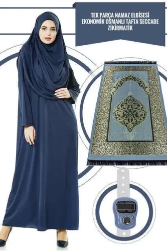 Tek Parça Namaz Elbisesi - Lacivert - 5015 ve Seccade ve Zikirmatik - Üçlü Takım - 1