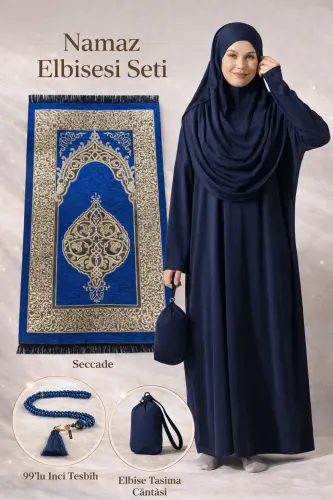 Tek Parça Namaz Elbisesi - Seccade - Tesbih - İbadet Seti - Lacivert - İhvan