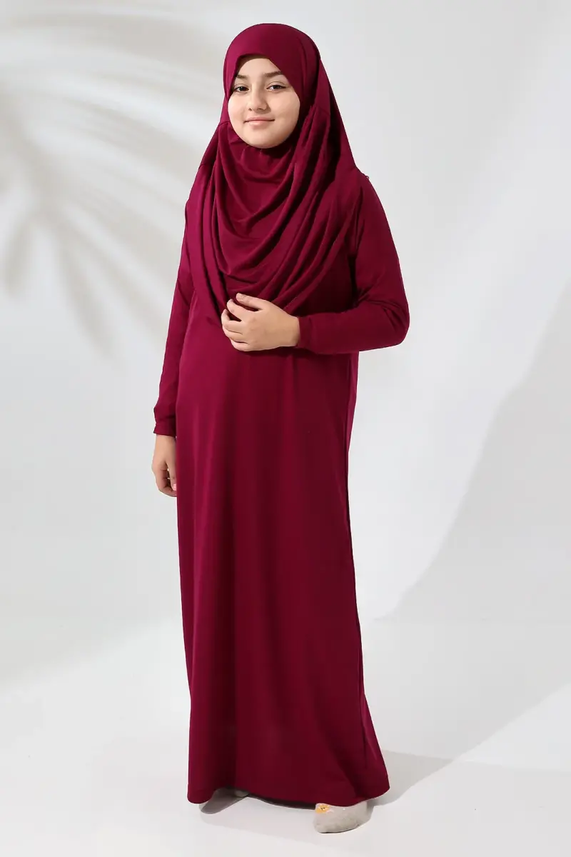 Tek Parça Pratik Başörtülü Çocuk Namaz Elbisesi Fuşya - 4