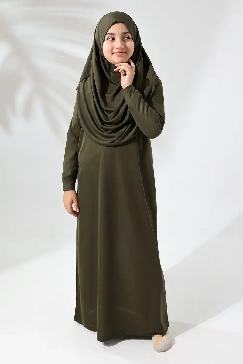 Tek Parça Pratik Başörtülü Çocuk Namaz Elbisesi Haki - 5