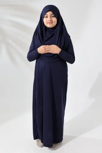 Tek Parça Pratik Başörtülü Çocuk Namaz Elbisesi Lacivert 