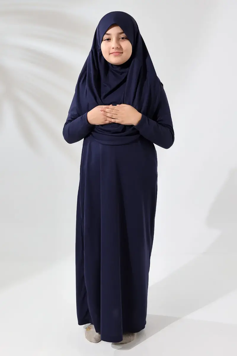 Tek Parça Pratik Başörtülü Çocuk Namaz Elbisesi Lacivert - 1