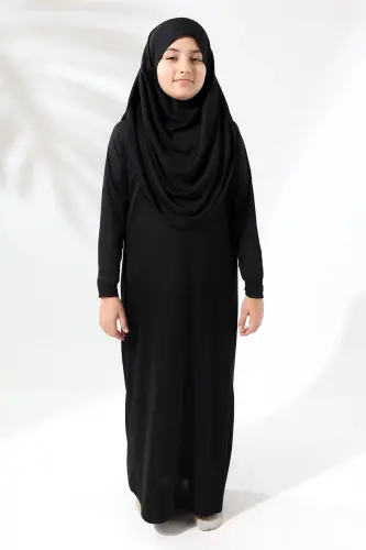 Tek Parça Pratik Başörtülü Çocuk Namaz Elbisesi Siyah - ihvanonline (1)