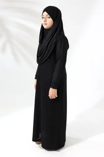 Tek Parça Pratik Başörtülü Çocuk Namaz Elbisesi Siyah - 6