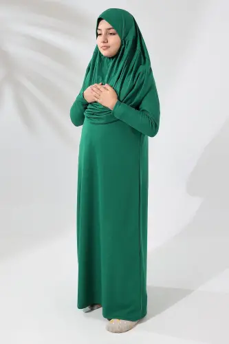 Tek Parça Pratik Başörtülü Çocuk Namaz Elbisesi Yeşil - 5
