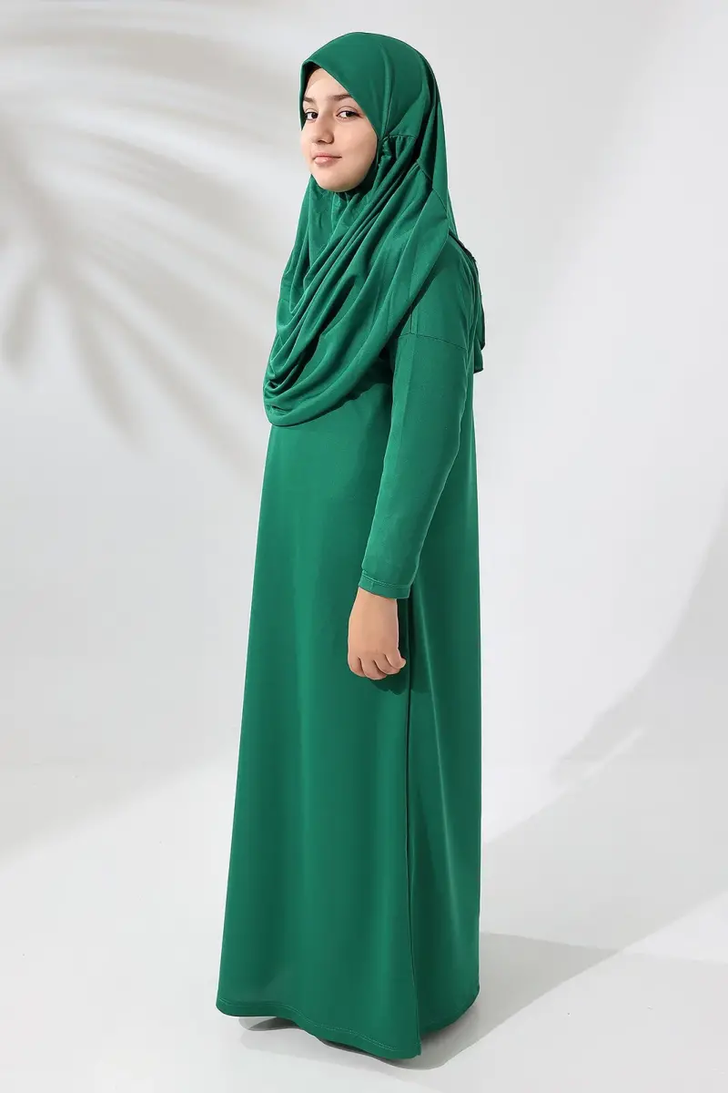 Tek Parça Pratik Başörtülü Çocuk Namaz Elbisesi Yeşil - 6