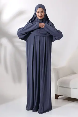 Tek Parça Pratik Başörtülü Robalı Namaz Elbisesi 8015 Antrasit - 1