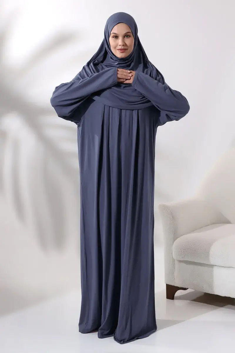 Tek Parça Pratik Başörtülü Robalı Namaz Elbisesi 8015 Antrasit - 1