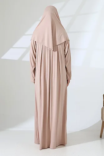 Tek Parça Pratik Başörtülü Robalı Namaz Elbisesi 8015 Bej - 8