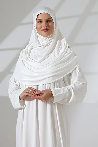 Tek Parça Pratik Başörtülü Robalı Namaz Elbisesi 8015 Kırık Beyaz - 7