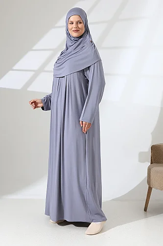 Tek Parça Pratik Başörtülü Robalı Namaz Elbisesi 8015 Gri - 3