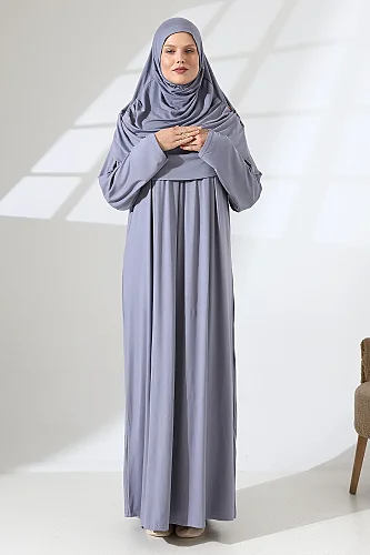 Tek Parça Pratik Başörtülü Robalı Namaz Elbisesi 8015 Gri - 5