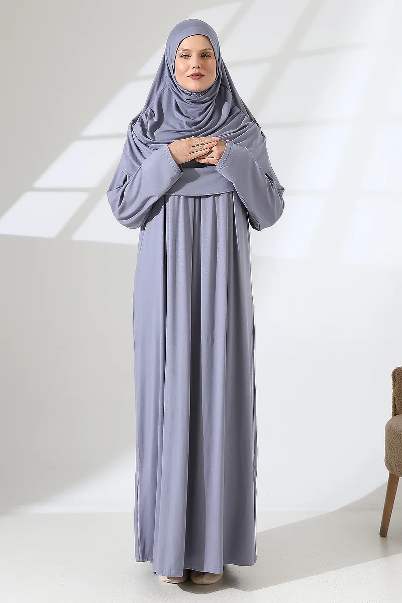 Tek Parça Pratik Başörtülü Robalı Namaz Elbisesi 8015 Gri - 5