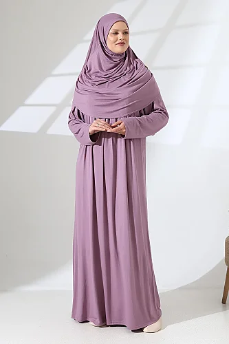 Tek Parça Pratik Başörtülü Robalı Namaz Elbisesi 8015 Gül Kurusu 