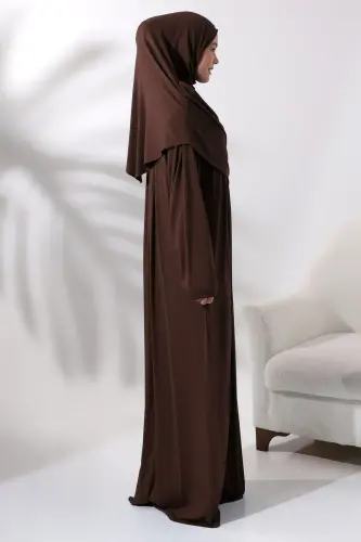 Tek Parça Pratik Başörtülü Robalı Namaz Elbisesi 8015 Koyu Kahve - ihvanonline (1)