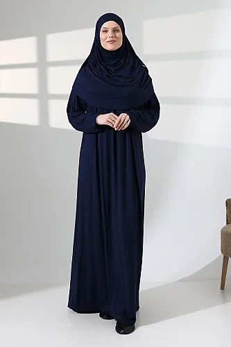 Tek Parça Pratik Başörtülü Robalı Namaz Elbisesi 8015 Lacivert 