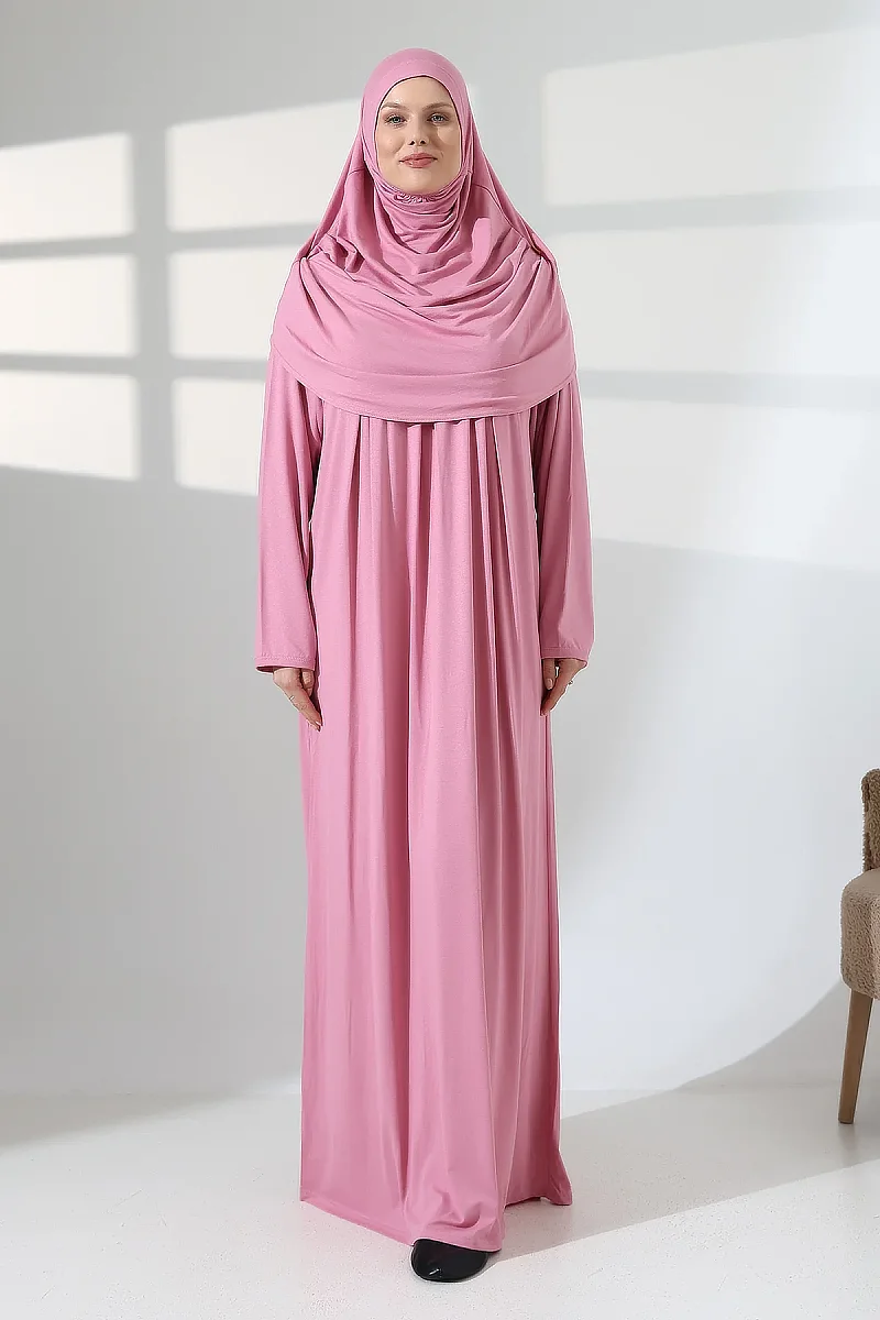 Tek Parça Pratik Başörtülü Robalı Namaz Elbisesi 8015 Pembe - 2
