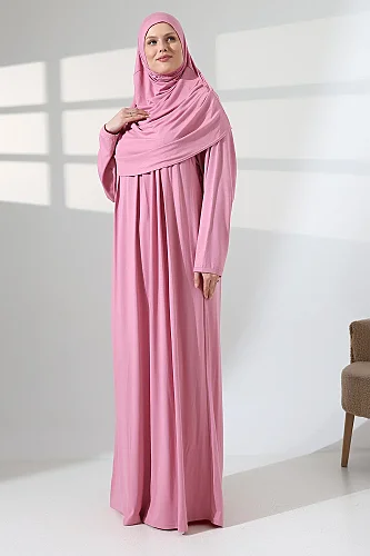 Tek Parça Pratik Başörtülü Robalı Namaz Elbisesi 8015 Pembe 
