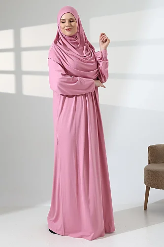 Tek Parça Pratik Başörtülü Robalı Namaz Elbisesi 8015 Pembe - 7