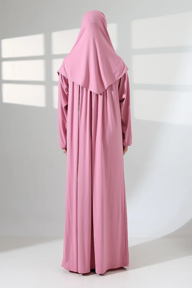 Tek Parça Pratik Başörtülü Robalı Namaz Elbisesi 8015 Pembe - 8