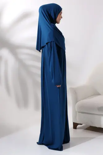 Tek Parça Pratik Başörtülü Robalı Namaz Elbisesi 8015 Petrol - ihvanonline (1)